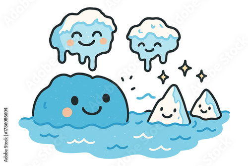 Smiling Sea Level Rise. Cheerful doodle contribution to sea level rise with happy oceans, cartoon melting glaciers with faces,