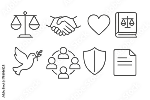 Ethics Line Icons. Line style icons of Ethics: Balance Scale, Handshake, Heart, Law Book, Dove, Circle of People, Shield, Document