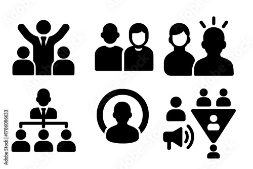 Diverse Leadership Icons. Solid style icons of diversity in leadership: inclusive leader glyph, varied age panel icon, mentorship