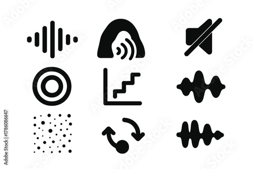 Sound Icons Collection. Solid style icons of sound and echo effects: soundwave glyph, cave reverb icon, silence badge. Echo ring,