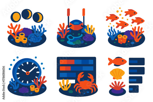 Marine Chronobiology Icons. Isometric vector illustration set Chronobiology of marine organisms: moon phases over coral reefs,