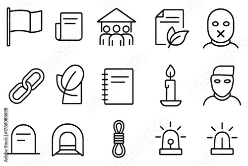 Political Resistance Icons. Line style icons of Political Resistance: Concealed Flag, Secret Assembly, Pamphlet, Silenced Voices;