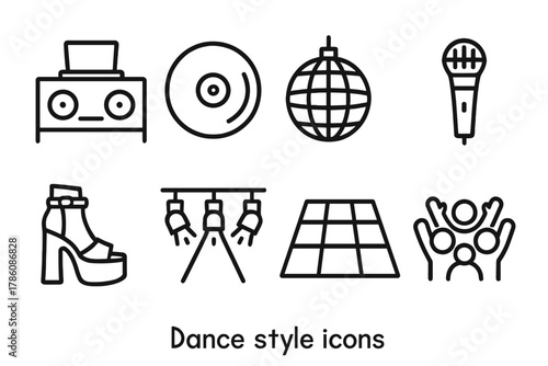 Dance Party Icons. Line style icons of Dance Party: DJ Booth, Vinyl Record, Disco Ball, Microphone, Platform Shoe, Stage Lights,