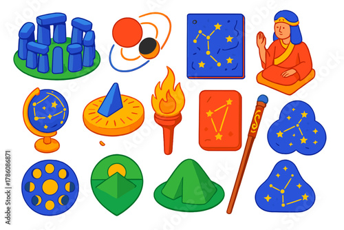 Ancient Astronomy Icons. Isometric vector illustration set Ancient Astronomy: stone circle monument, eclipse prediction diagram,