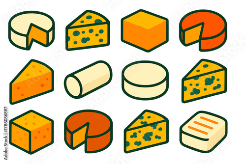 Cheese Icon Collection. Flat vector icons of Cheese Types: brie wheel, blue cheese wedge, cheddar block, gouda round, parmesan