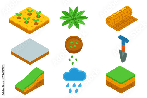 Eco Construction Tools. Isometric vector illustration set Eco construction – living mulch mat, ground cover plant, erosion control