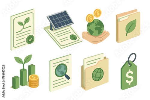 Ethical Investing Icons. Isometric vector illustration set of Ethical investing: green startup shares, solar equity bond,