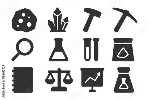 Ore Analysis Icons. Solid style icons of ore and raw material analysis: rock ore, mineral, hammer, pickaxe, magnifying glass,