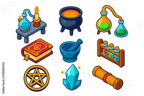 Classic Alchemist's Lab. Isometric vector illustration set Classic literature – alchemist’s lab, crucible, alembic; ancient tome,