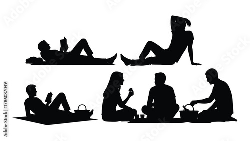 People enjoying leisure time and picnic silhouettes isolated on white background, Vector