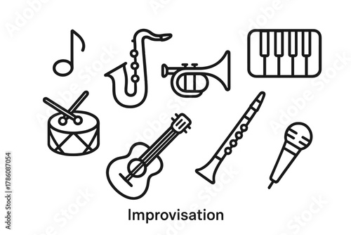 Jazz Instrument Icons. Line style icons of Improvisation: Music Note, Saxophone, Trumpet, Piano, Drum, Guitar, Clarinet,