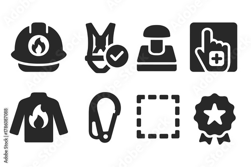 Safety Protocol Icons. Solid style icons of safety protocols: helmet with steam badge, harness check icon, emergency button slab.
