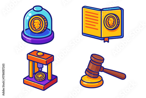 Historical Value Icons. Isometric vector illustration set Historical Value Symbols: Ancient gold coin under glass, collector’s