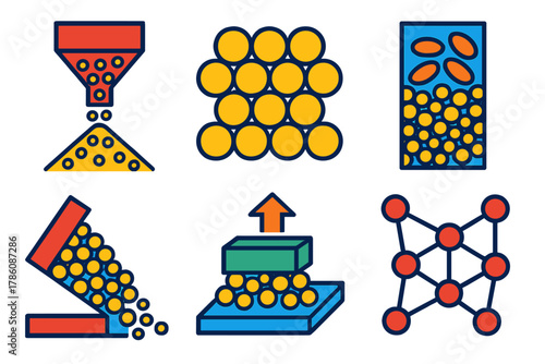 Granular Physics Icons. Isometric vector illustration set Physics of granular materials: hopper discharge, granular packing