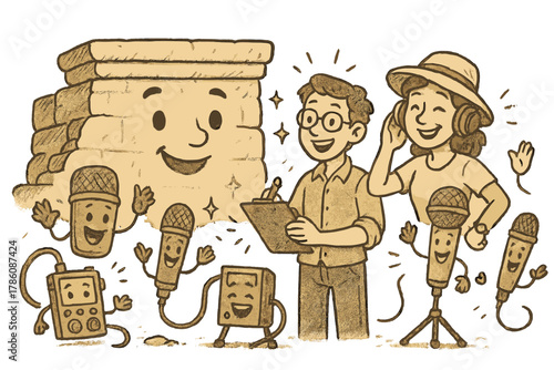 Joyful Archaeoacoustic Adventure. Playful doodle archaeoacoustic experiment with happy researchers, cartoon microphones and