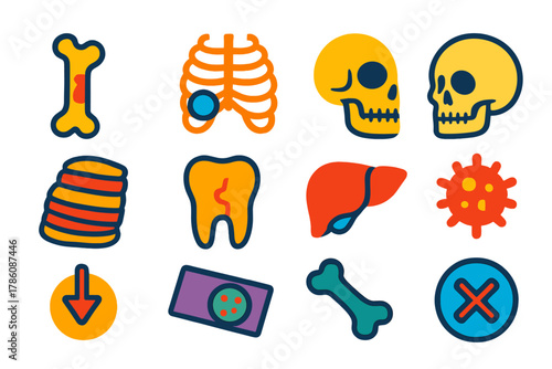 Ancient Pathology Icons. Flat vector icons of pathology indicators in ancient remains: bone lesion, rib cavity, spinal deformation
