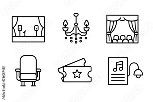 Concert Hall Icons. Line style icons of Concert Hall: Stage, Balcony, Chandelier, Curtain, Seat, Ticket, Program, Lamp, No text,