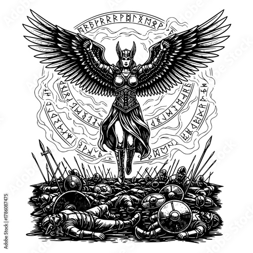 Valkyrie Over Battlefield Engraving | Black and White Norse Mythic Illustration