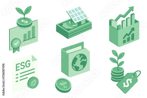 Ethical Investing Icons. Isometric vector illustration set of Ethical investing: green startup shares, solar equity bond,