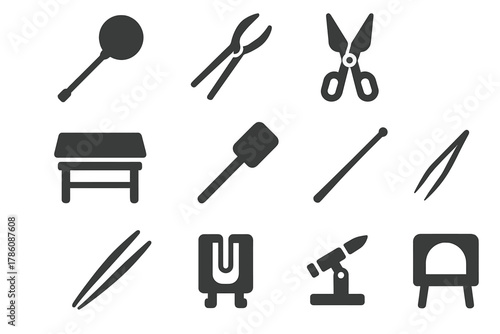 Glassblowing Tool Icons. Solid style icons of glass tools: blowpipe, jacks tool, diamond shears, marver table, paddle, punty rod,