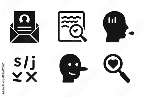 Forensic Linguistics Icons. Line style icons of Forensic Linguistics: anonymous letter icon, disguised writing pattern, language