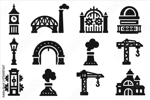 Steampunk Architecture Icons. Solid style icons of Steampunk architecture: clock tower, iron bridge, factory chimney, gear-adorned