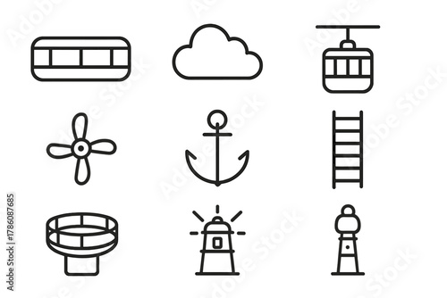 Floating Liner Icons. Line style icons of Floating Liner: Gondola, Cloud, Passenger Cabin, Propeller, Anchor, Rope Ladder,