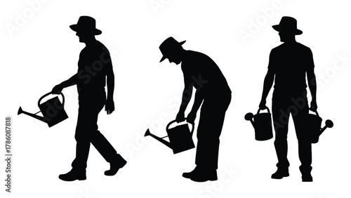 Gardener with watering cans silhouette isolated on white background, Vector