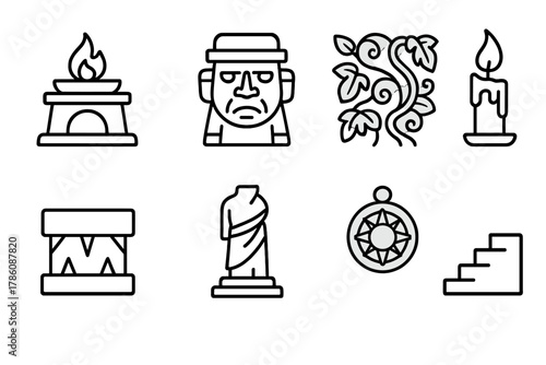 Forgotten Shrine Icons. Line style icons of Forgotten Shrine: Altar, Stone Idol, Overgrown Vines, Candle, Hidden Trap, Broken