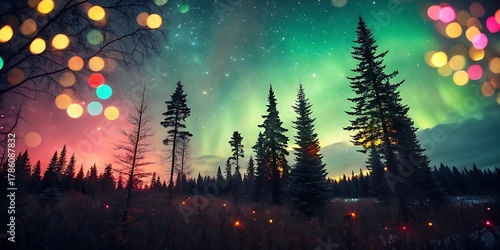 Magical winter forest under aurora borealis and festive bokeh lights creating a dreamy enchanted holiday atmosphere