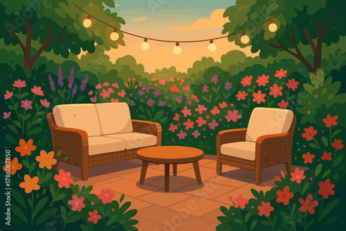 Serene Garden Patio. Serene garden patio with comfortable seating surrounded by colorful flowers, soft warm lighting, tranquil and