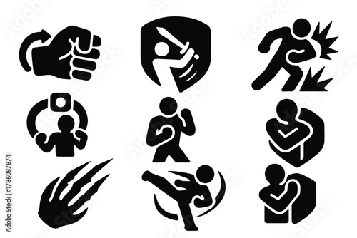 Action-Packed Combat Icons. Solid style icons of melee combat actions: punch charge icon, blade swing badge, energy slam panel.