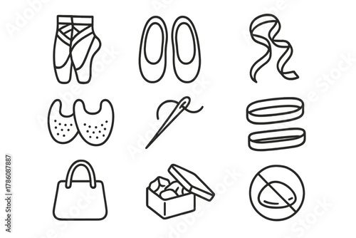 Ballet Shoes Icons. Line style icons of Ballet Shoes: Pointe Shoes, Ballet Flats, Ribbon, Toe Pads, Sewing Needle, Elastic, Bag,