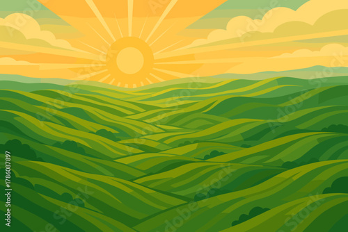 Golden Sunrise Hills. Scenic aerial view of rolling green hills under a vector illustration golden sunrise, expansive and tranquil