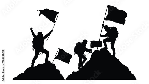 Mountain climbing success silhouette isolated on white background, Vector