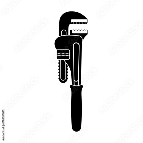 A black silhouette of a pipe wrench stands out against a white background.