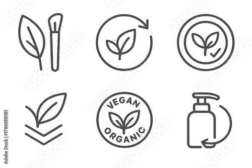 Eco Makeup Icons. Line style icons of eco-certified makeup labels: leaf with brush symbol, biodegradable logo, compost-approved