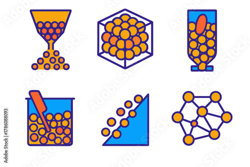 Granular Physics Icons. Isometric vector illustration set Physics of granular materials: hopper discharge, granular packing