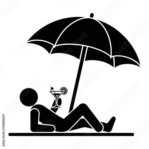 A stick figure relaxes under an umbrella with a drink.