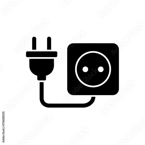A black silhouette of an electrical plug and socket is shown against a white background.