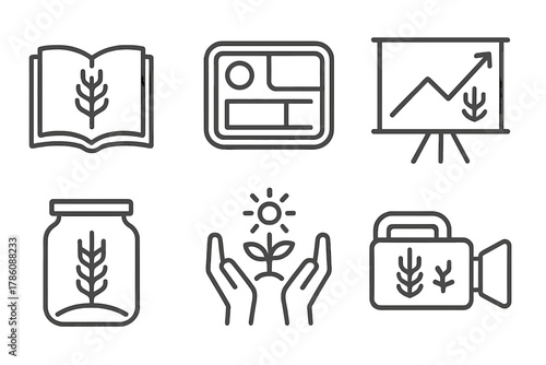 Educational Grain Icons. Line style icons of educational and revival themes: heritage grain book, school grain tray, grain
