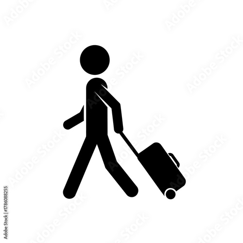 A person walks with a wheeled suitcase on a white background.