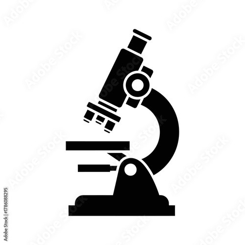 A black silhouette of a laboratory microscope is shown against a white background.
