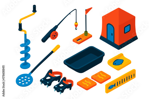 Ice Fishing Gear. Isometric vector illustration set Fishing equipment – ice auger, ice rod, tip-up flag; ice skimmer, sled,