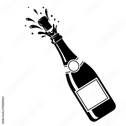 A cork pops out of a champagne bottle with a splash.