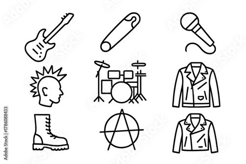 Punk Rock Icons. Line style icons of Punk Rock: Guitar, Safety Pin, Microphone, Drum Set, Spiked Hair, Boots, Anarchy Symbol,