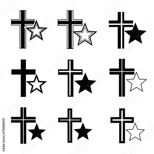 A grid of nine icons featuring Christian crosses and stars, some solid and some outlined.