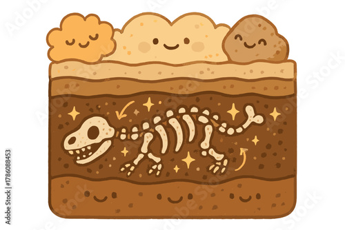 Cheerful Fossilization Doodles. Cute doodle fossilization process scene with cheerful sediments, cartoon bones being buried,