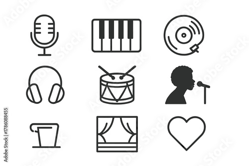 Soul Vibes Icons. Line style icons of Soul Vibes: Microphone, Piano, Vinyl Record, Headphones, Drum, Singer Silhouette, Stage,