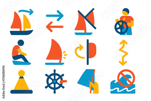 Sailing Maneuver Icons. Flat vector icons of tacking maneuvers: sailboat changing direction, wind shift arrows, sail crossing boom